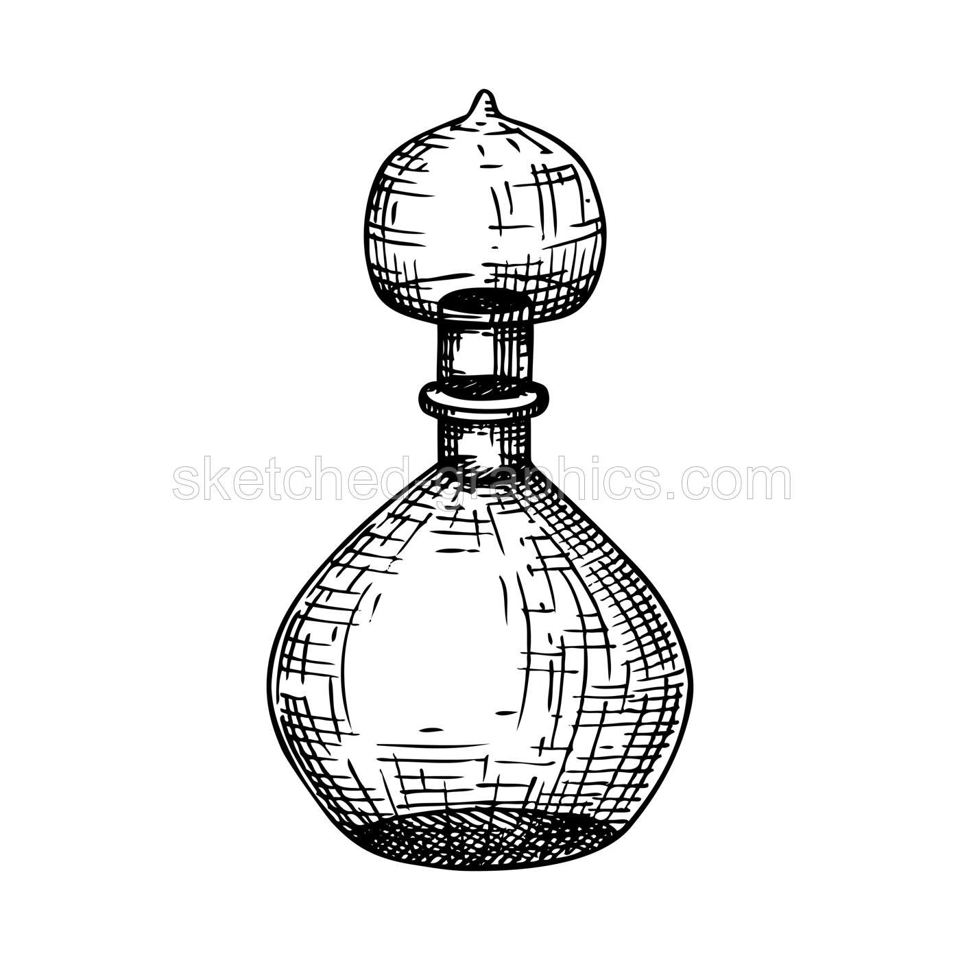 Hand sketched glass bottle illustration in vintage style. Glassware drawing for alchemy, medicine, cosmetics, or perfume. Alchemy laboratory equipment sketch. Magic lab tools isolated on white Illustration